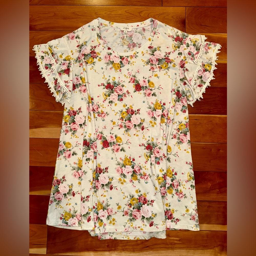 Umgee Floral Mini Ivory Dress with Lace Sleeves